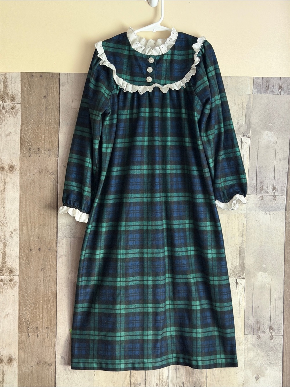 Girls Green & Navy Plaid Flannel Nightgown with Lace Trim